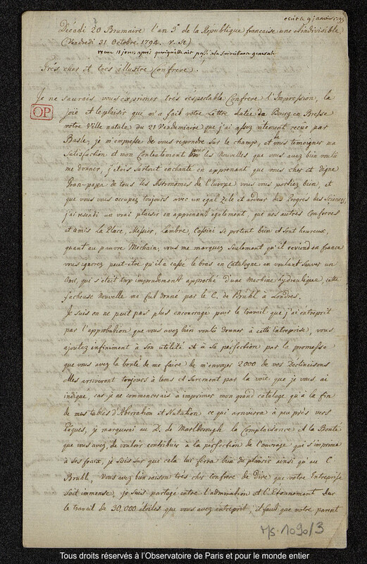 Lettre du baron Franz Xaver von Zach à Joseph Jérôme Le françois de Lalande [Gotha],décadi 20 brumaire an III / vendredi 31 octobre 1794