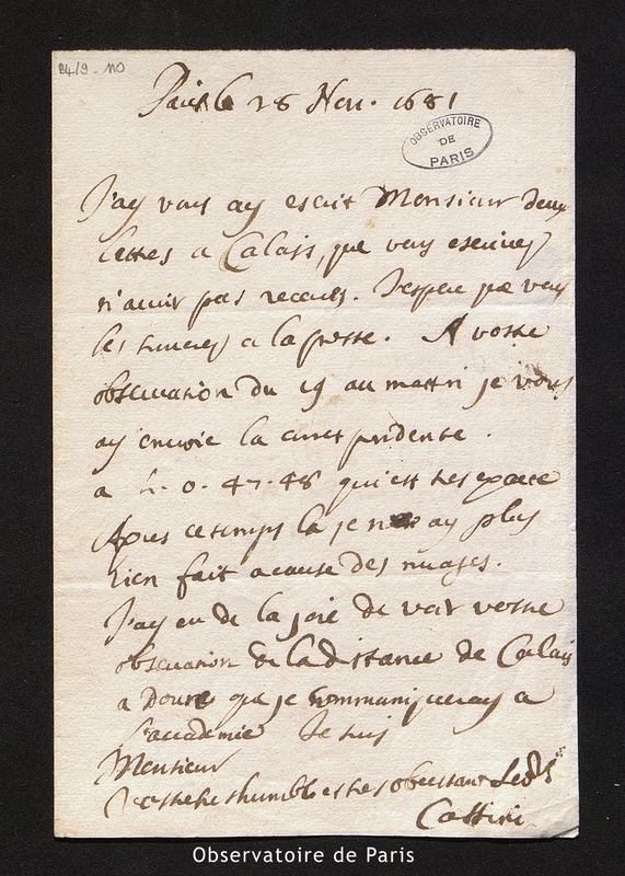 Lettre de Cassini I à La Hire, Paris le 28 novembre 1681