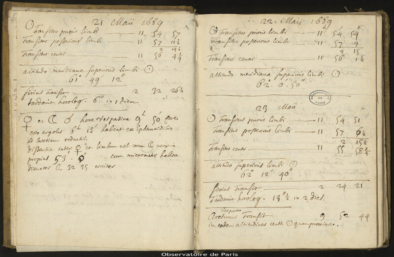 [Journal des observations faites à l'Observatoire de Paris],1er mai 1689 au 23 septembre 1693