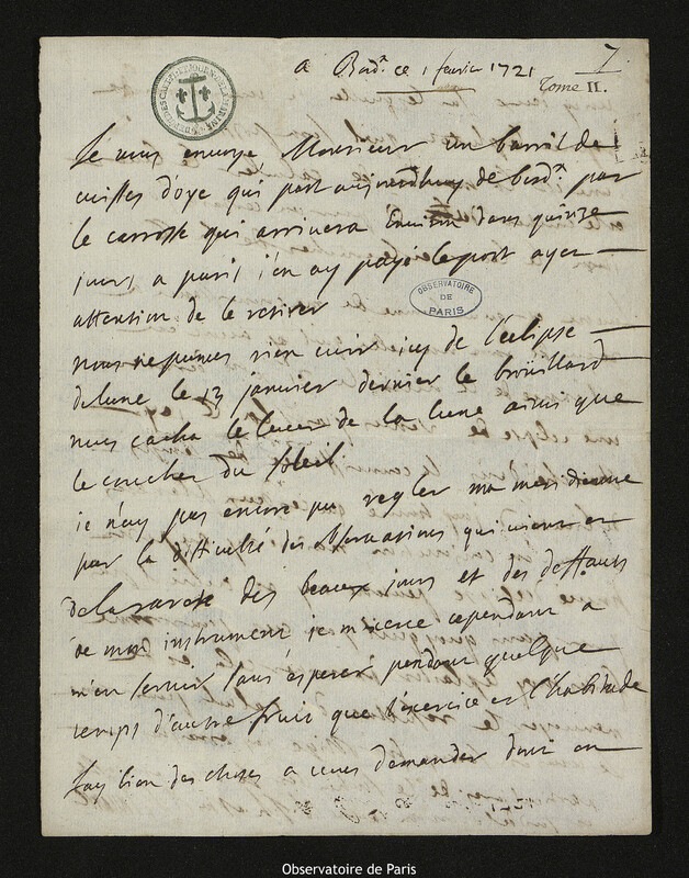 Lettre de Joseph de Navarre à Joseph-Nicolas Delisle, Bordeaux, 1 février 1721