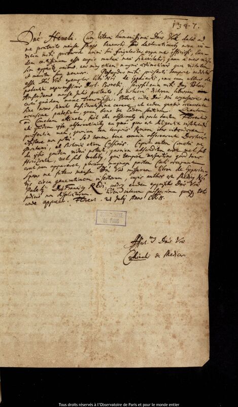 Lettre de Leopoldo de' Medici à Jan Heweliusz, Florence, 21 juillet 1669