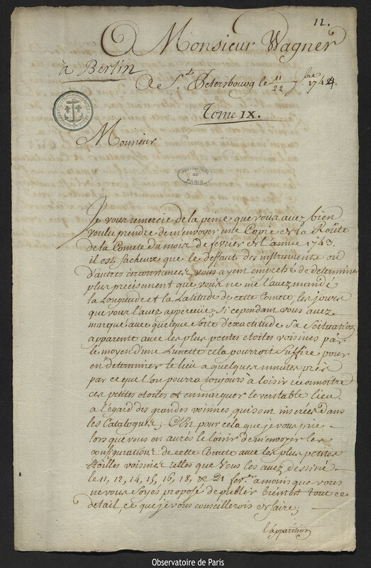 Lettre de Joseph-Nicolas Delisle à Johann Wilhelm Wagner, Saint-Pétersbourg, 22 septembre 1744