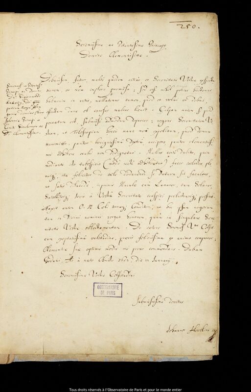 Lettre de Jan Heweliusz à Zsigmond Rákóczi, Gdansk, 22 janvier 1652