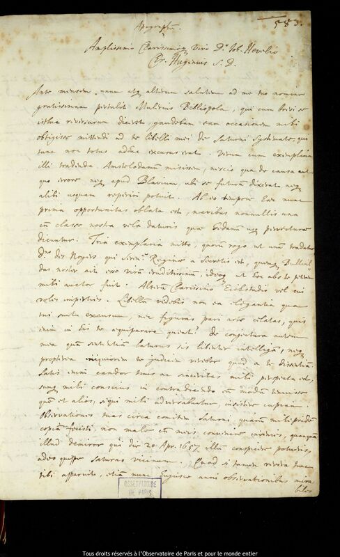 Lettre de Christiann Huygens à Jan Heweliusz, La Haye, 17 octobre 1659