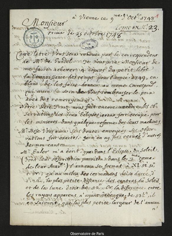 Lettre de Giovanni Giacomo Marinoni à Joseph-Nicolas Delisle, Vienne, 9 octobre 1748