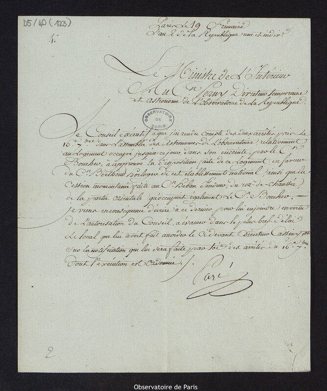 Lettre du Ministre de l'Intérieur au Citoyen Perny, directeur astronome de l'Observatoire, à Paris le 9 décembre 1793