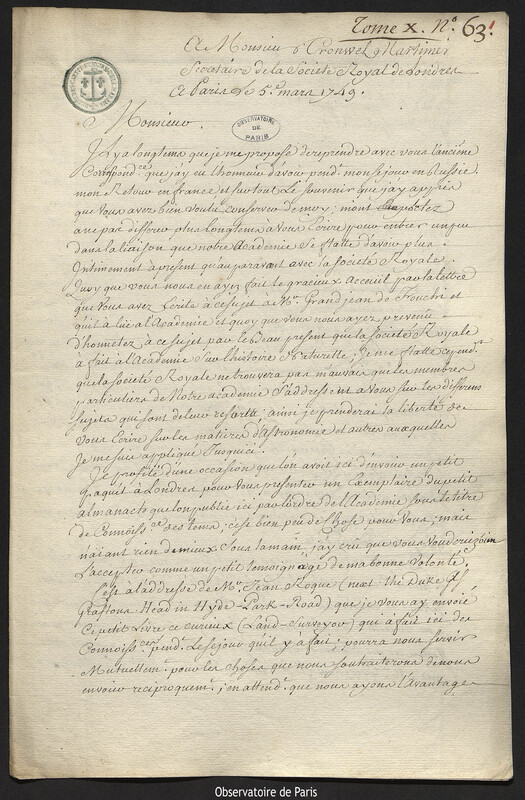 Lettre de Joseph-Nicolas Delisle à Cromwell Mortimer, Paris, 5 mars 1749