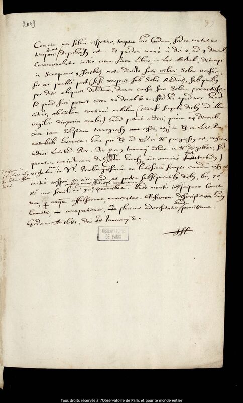 Texte manuscrit de Jan Heweliusz, Gdansk, 17 janvier 1681