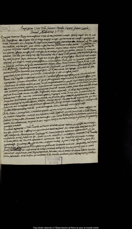 Lettre d'Ismaël Boulliau à Jan Heweliusz, Paris, 24 mai 1672