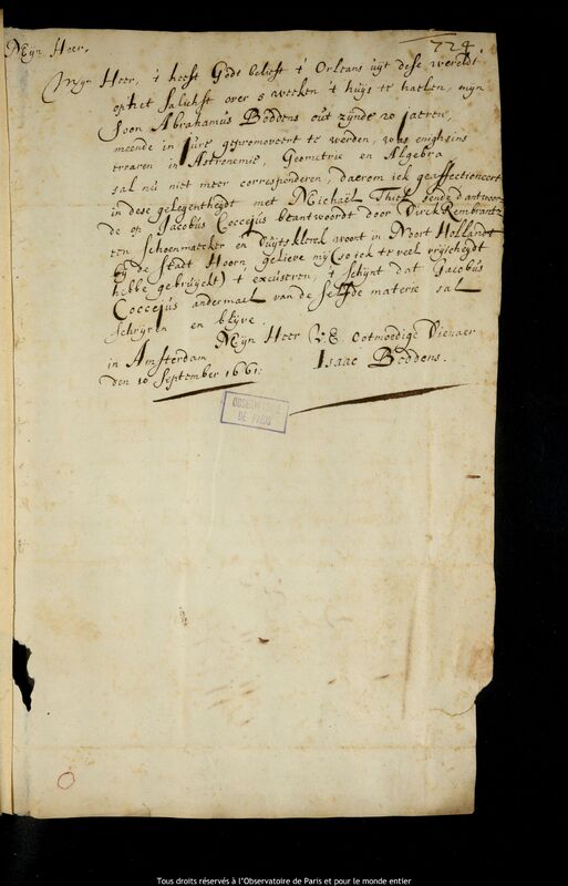 Lettre d'Isaac Boddens à Jan Heweliusz, Amsterdam, 10 septembre 1661