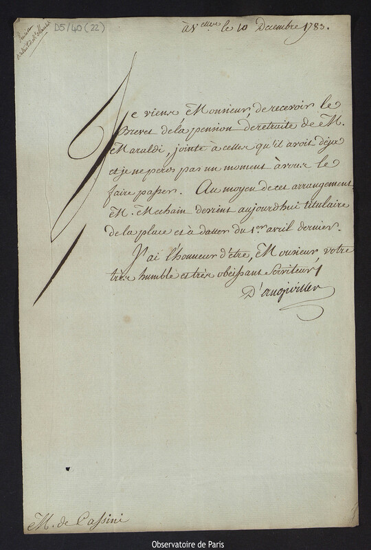 Lettre de Charles de la Billarderie, comte d'Angiviller, à Cassini IV, à Versailles le 10 décembre 1783