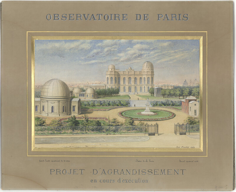 Observatoire de Paris, projet d’agrandissement en cours d’exécution : grande lunette équatoriale de 16 mètres, statue de Le Verrier, nouvel équatorial coudé (titre original)