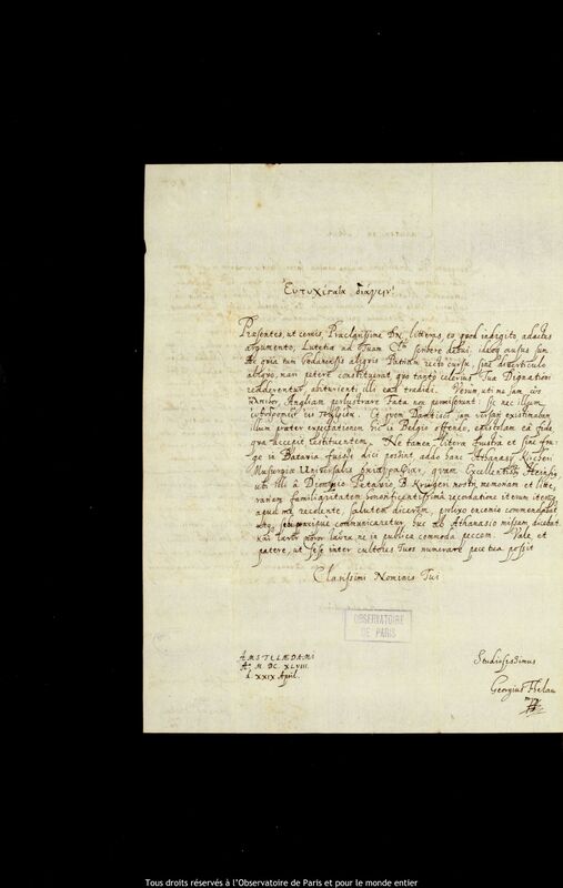 Lettre de Georg Fehlau à Jan Heweliusz, Amsterdam, 29 avril 1648