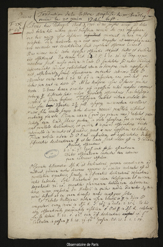 Traduction de la lettre de James Bradley à Joseph-Nicolas Delisle