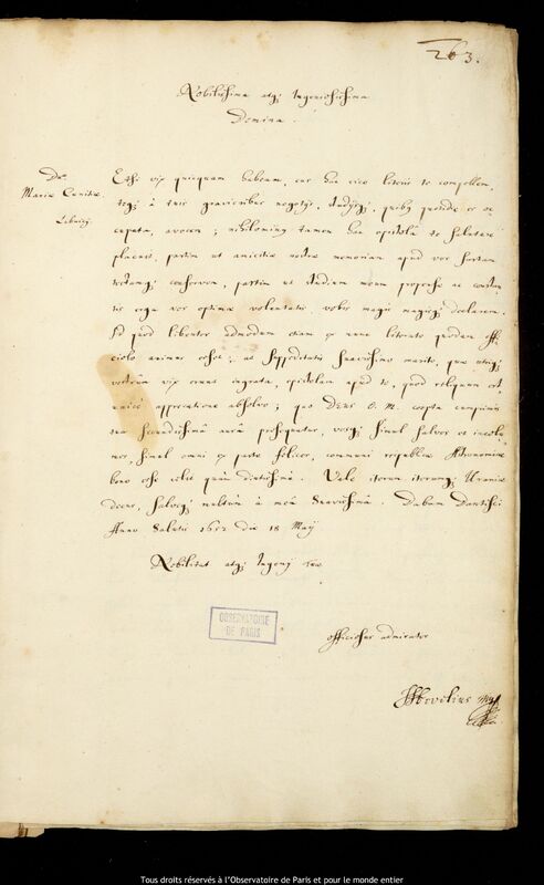 Lettre de Jan Heweliusz à Maria Cunitz, Gdansk, 18 mai 1652