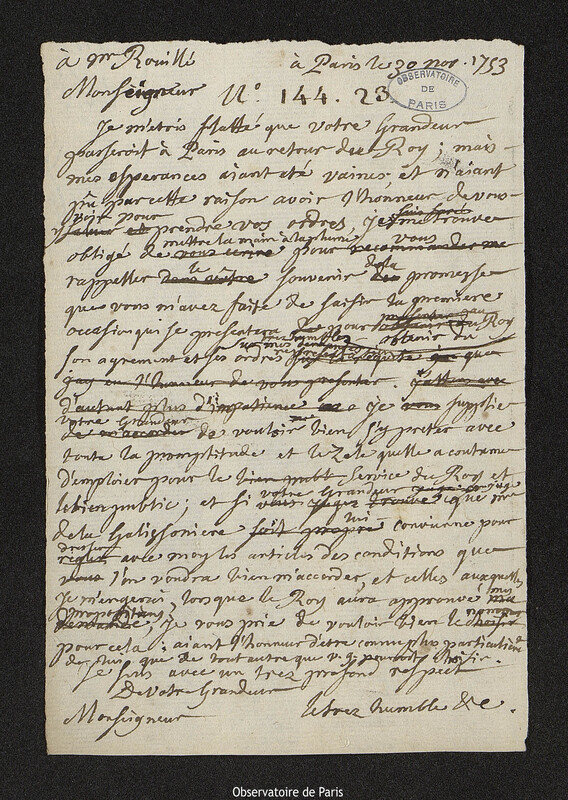 Lettre de Joseph-Nicolas Delisle à Antoine Louis Rouillé, Paris, 30 novembre 1753