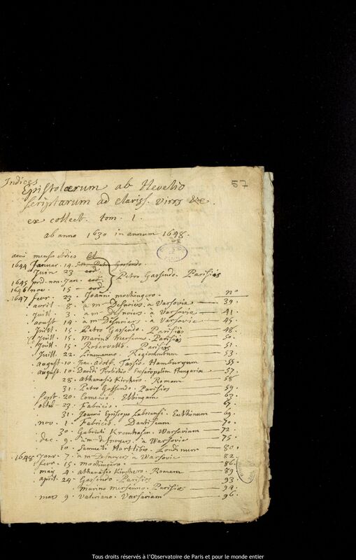 Liste des lettres à Hevelius contenues dans le 1er volume de la main de Joseph-Nicolas Delisle