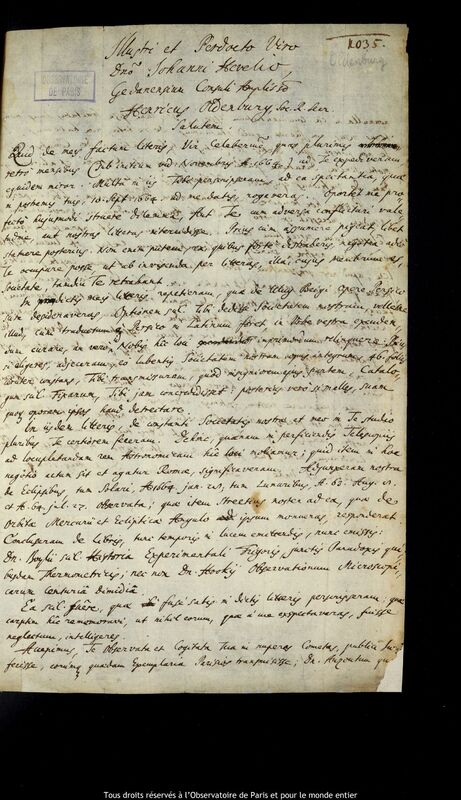 Lettre de Henry Oldenburg à Jan Heweliusz, Londres, 3 août 1665