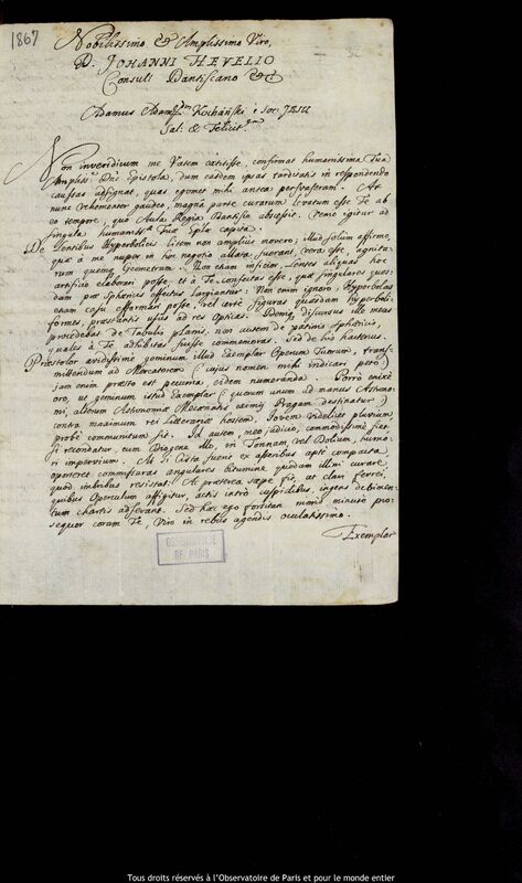 Lettre d'Adam Adamandus Kochanski à Jan Heweliusz, Wroclaw, 7 mai 1678