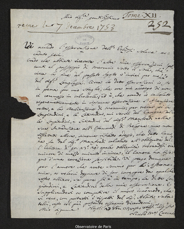 Lettre de Nicola Maria Carcani à Joseph-Nicolas Delisle, Naples, 27 octobre 1753