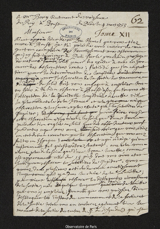 Lettre de Joseph-Nicolas Delisle à Gabriel de Bory, Paris, 4 mars 1753