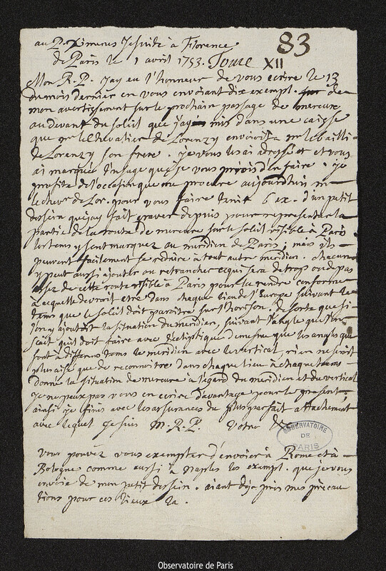 Lettre de Joseph-Nicolas Delisle à Leonardo Ximenes, Paris, 1 avril 1753