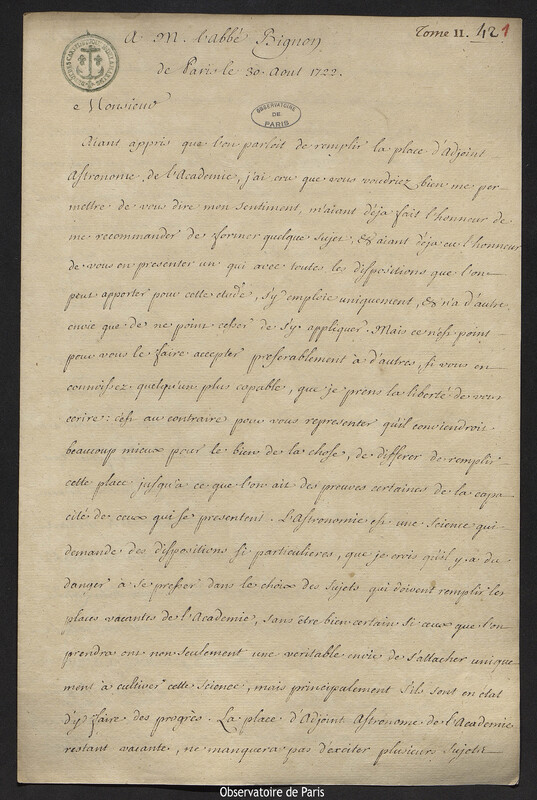 Lettre de Joseph-Nicolas Delisle à Jean-Paul Bignon, Paris, 30 août 1722