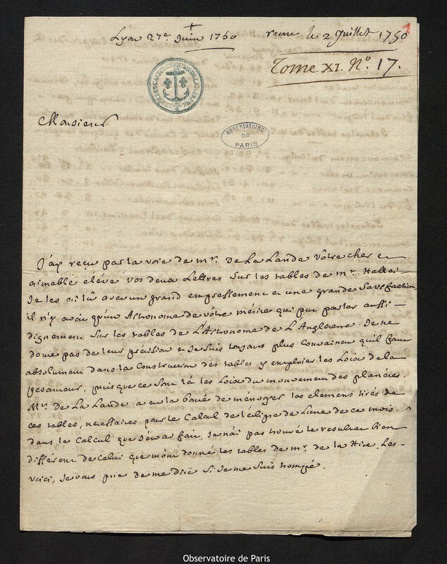 Lettre de Laurent Béraud à Joseph-Nicolas Delisle, Lyon, 27 juin 1750