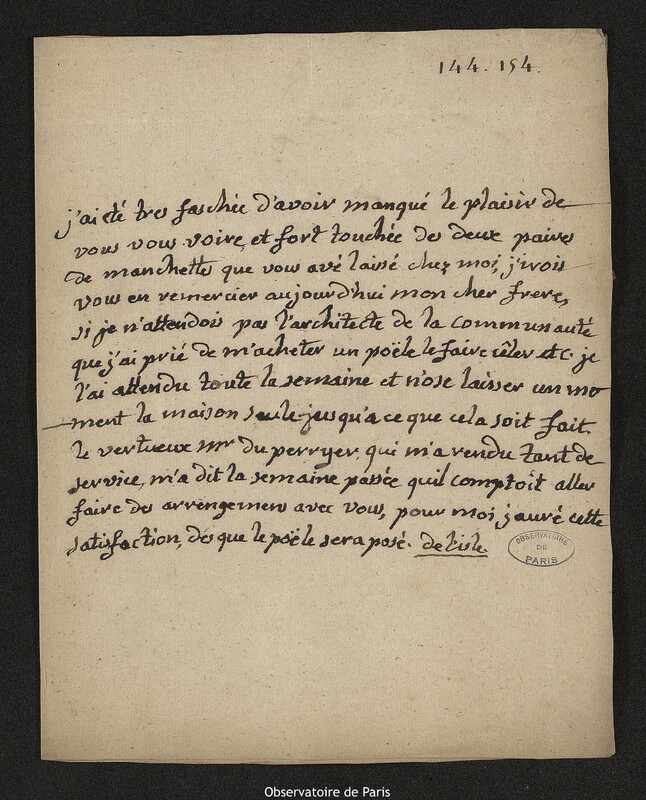 Lettre de Angélique Delisle à Joseph-Nicolas Delisle