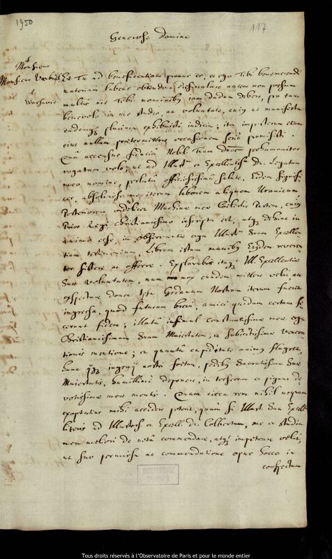 Lettre de Jan Heweliusz à Pierre de Girardin, Gdansk, 18 avril 1679