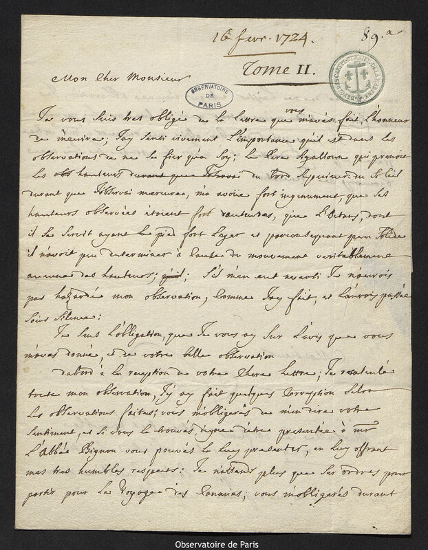 Lettre de Louis Feuillée à Joseph-Nicolas Delisle, Marseille, 16 février 1724