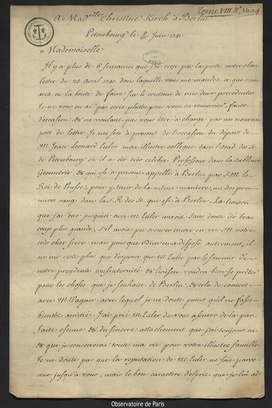 Lettre de Joseph-Nicolas Delisle à Christine Kirch, Saint-Pétersbourg,20 juin 1741