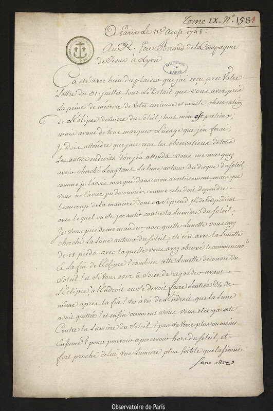 Lettre de Joseph-Nicolas Delisle à Laurent Béraud, Paris, 11 août 1748