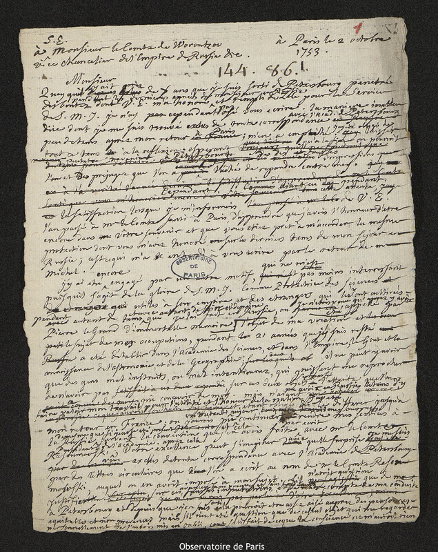 Lettre de Joseph-Nicolas Delisle à Mikhaïl Illarionovitch Vorontsov, Paris, 2 octobre 1753