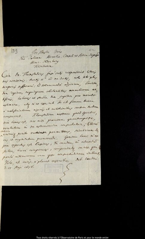 Lettre de Henry Oldenburg à Jan Heweliusz, Londres, 15 mai 1676