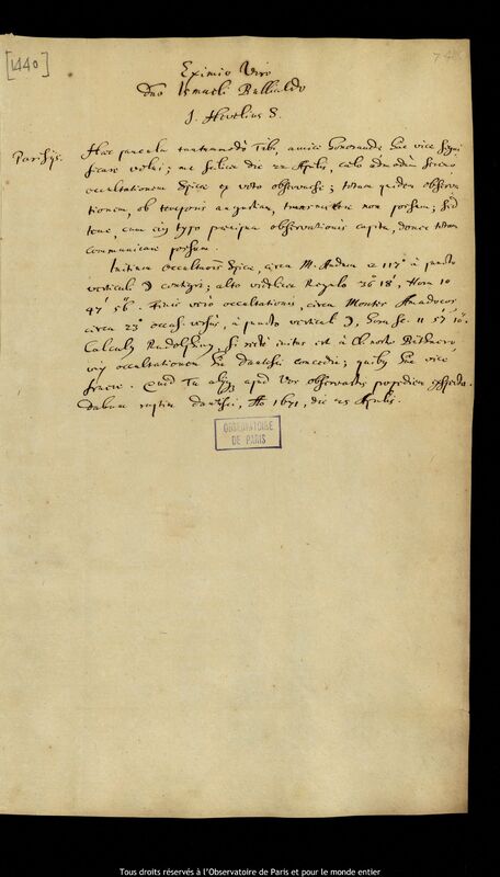 Lettre de Jan Heweliusz à Ismaël Boulliau, Gdansk, 25 avril 1671