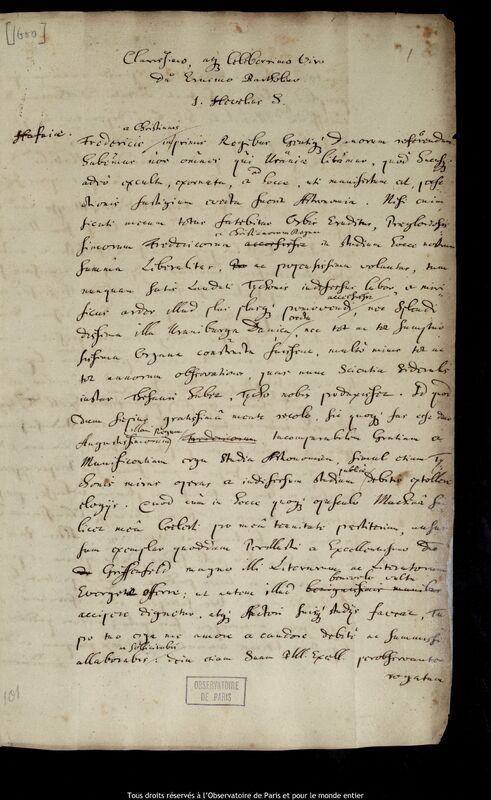 Lettre de Jan Heweliusz à Erasmus Bartholin, Gdansk, 5 septembre 1673