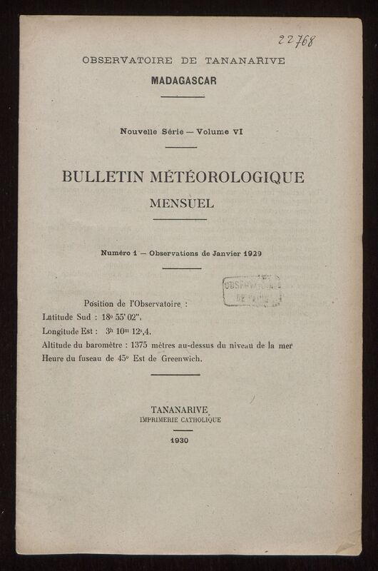 (1929) Bulletin météorologique mensuel de l'Observatoire de Tananarive