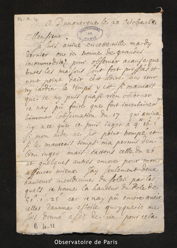 Lettre de La Hire à Cassini I, Dunkerque le 20 octobre 1681