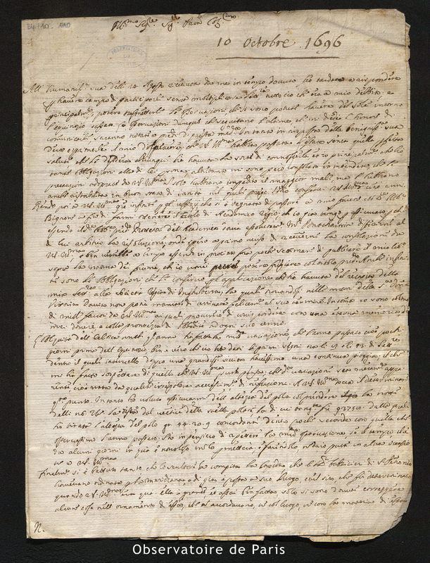 Lettre de Guglielmini à Cassini I, Bologne le 10 octobre 1696