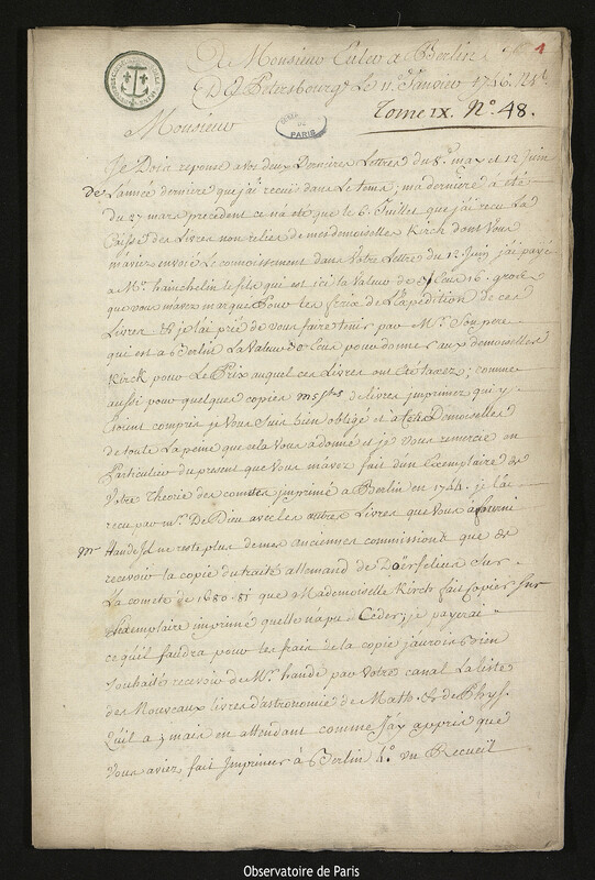 Lettre de Joseph-Nicolas Delisle à Leonhard Euler, Saint-Pétersbourg,11 janvier 1746