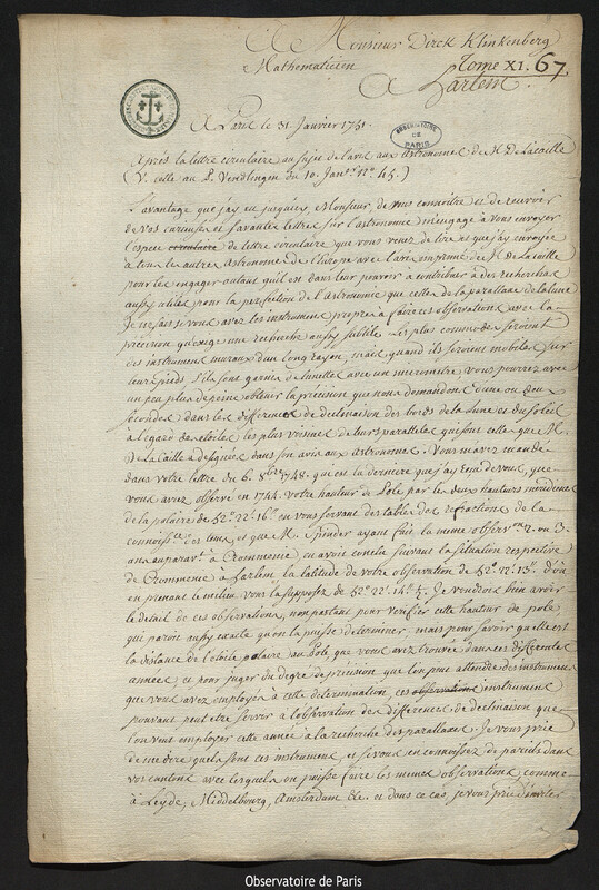 Lettre de Joseph-Nicolas Delisle à Dirk Klinkenberg, Paris, 31 janvier 1751