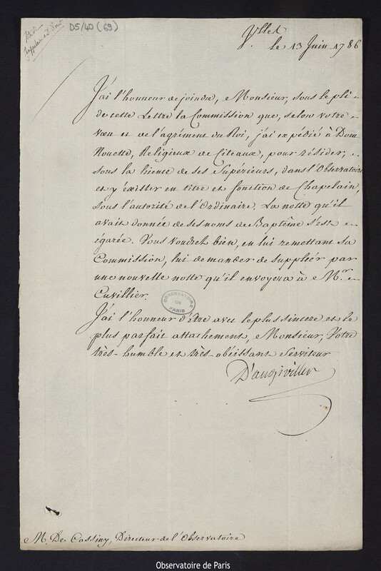 Lettre du comte d'Angiviller à Cassini IV, à Versailles en 13 juin 1786