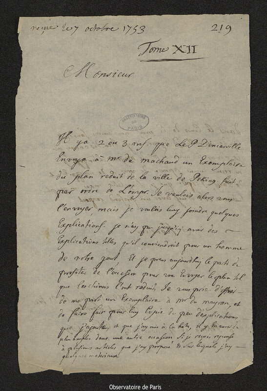 Lettre de Antoine Gaubil à Joseph-Nicolas Delisle, Pékin, 4 août 1752