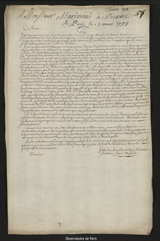 Lettre de Joseph-Nicolas Delisle à Giovanni Giacomo Marinoni, Paris, 1 mars 1753