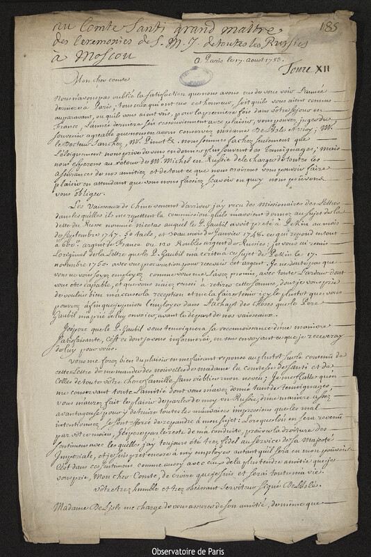 Lettre de Joseph-Nicolas Delisle à François de Santi, Paris, 17 août 1753