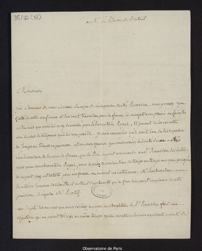 Lettre de Cassini IV, directeur de l'Observatoire, à Louis Le Tonnelier, baron de Breteuil, le 17 février 1788