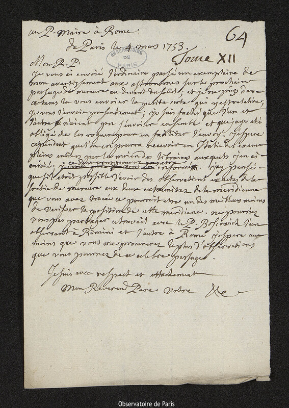 Lettre de Joseph-Nicolas Delisle à Christopher Maire, Paris, 4 mars 1753