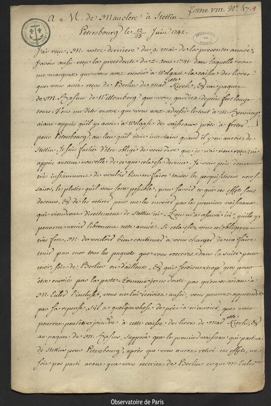 Lettre de Joseph-Nicolas Delisle à Paul Émile de Mauclerc, Saint-Pétersbourg, 23 juin 1742