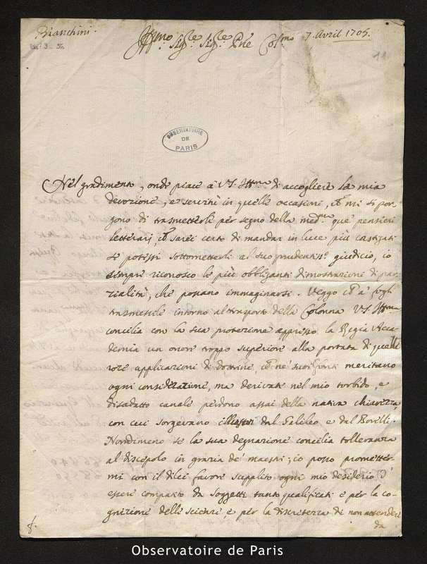 Lettre de Francesco Bianchini à Cassini [I ?], Rome le 7 avril 1705